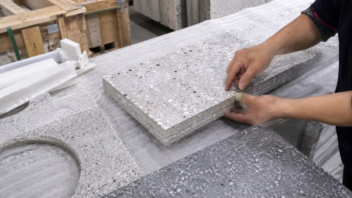 Terrazzo edge and corner details checked before export packing