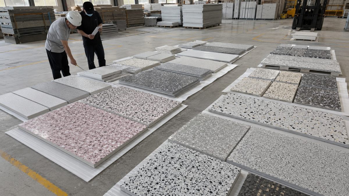 Terrazzo project pieces grouped by size and area before packing