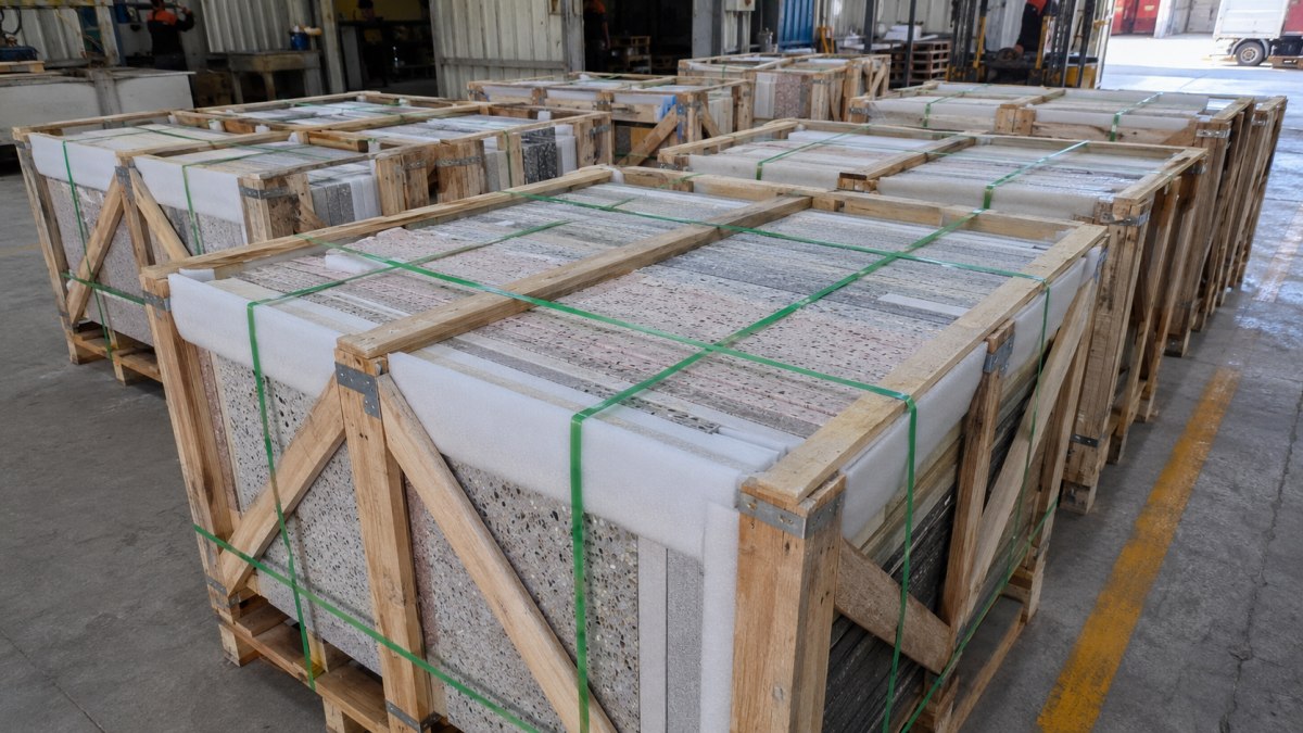 Terrazzo crates ready for container loading after packing inspection