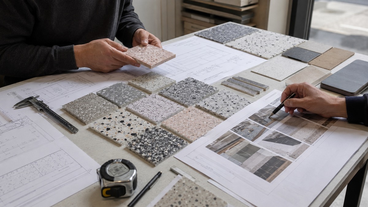 terrazzo-buyer-checklist-drawings-samples Terrazzo samples, drawings, measuring tools, and checklist for project review