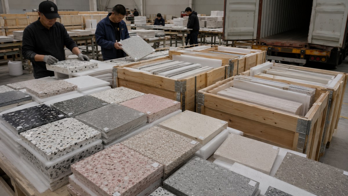 export-ready-precast-terrazzo-packing Labeled precast terrazzo pieces packed for international shipment
