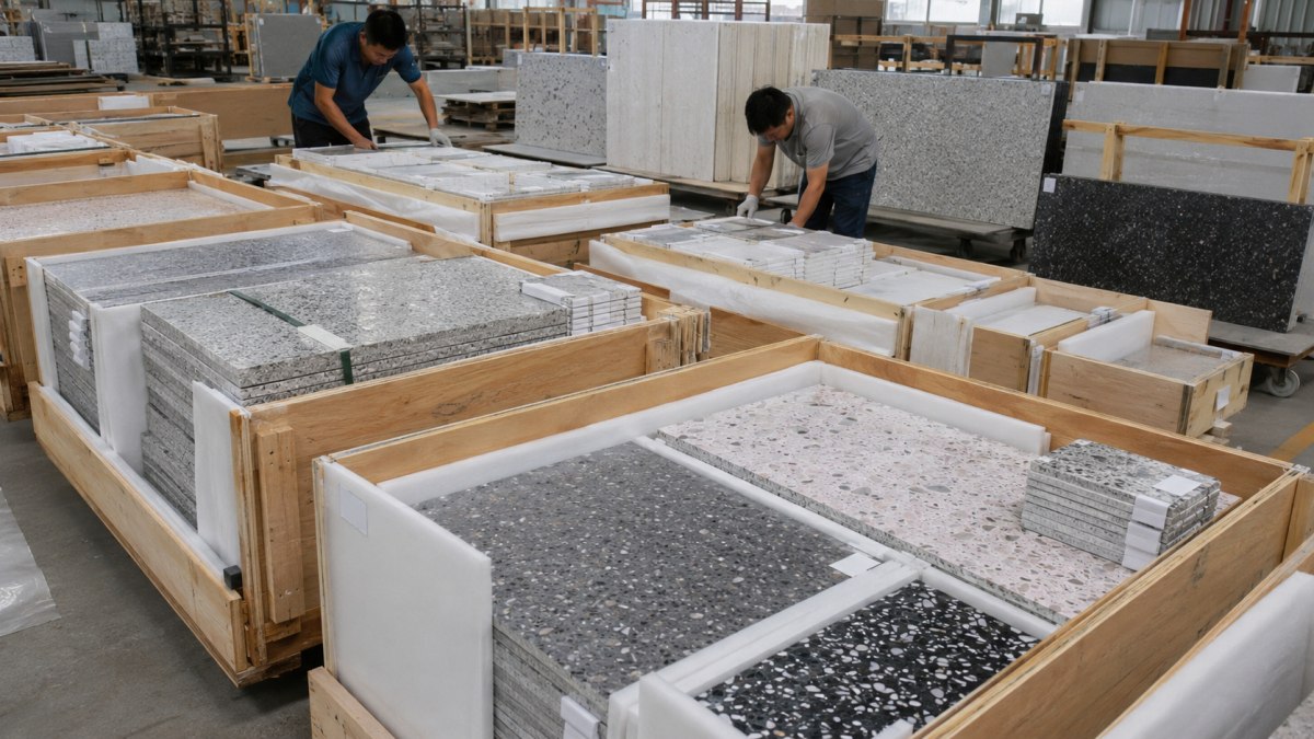 Terrazzo tiles and slab pieces packed for international shipment