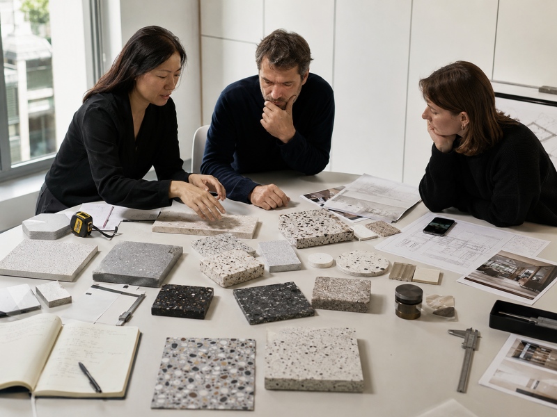 Como o tamanho do agregado e a densidade dos fragmentos alteram o design do terrazzo