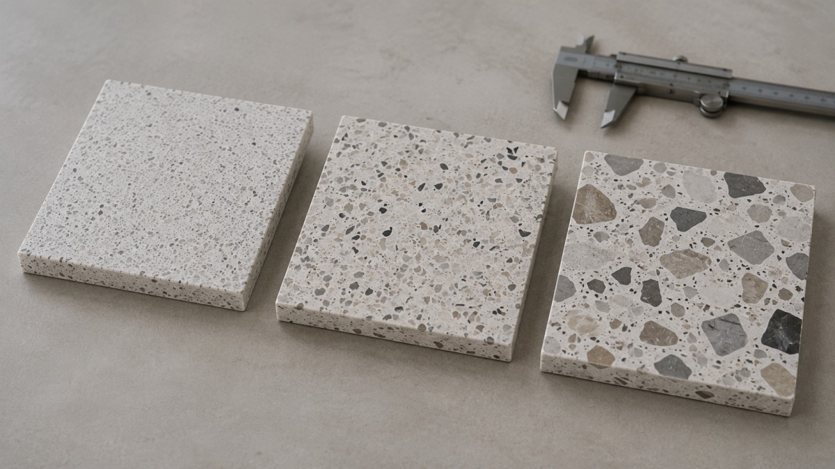 Small medium and large aggregate terrazzo samples compared on a table