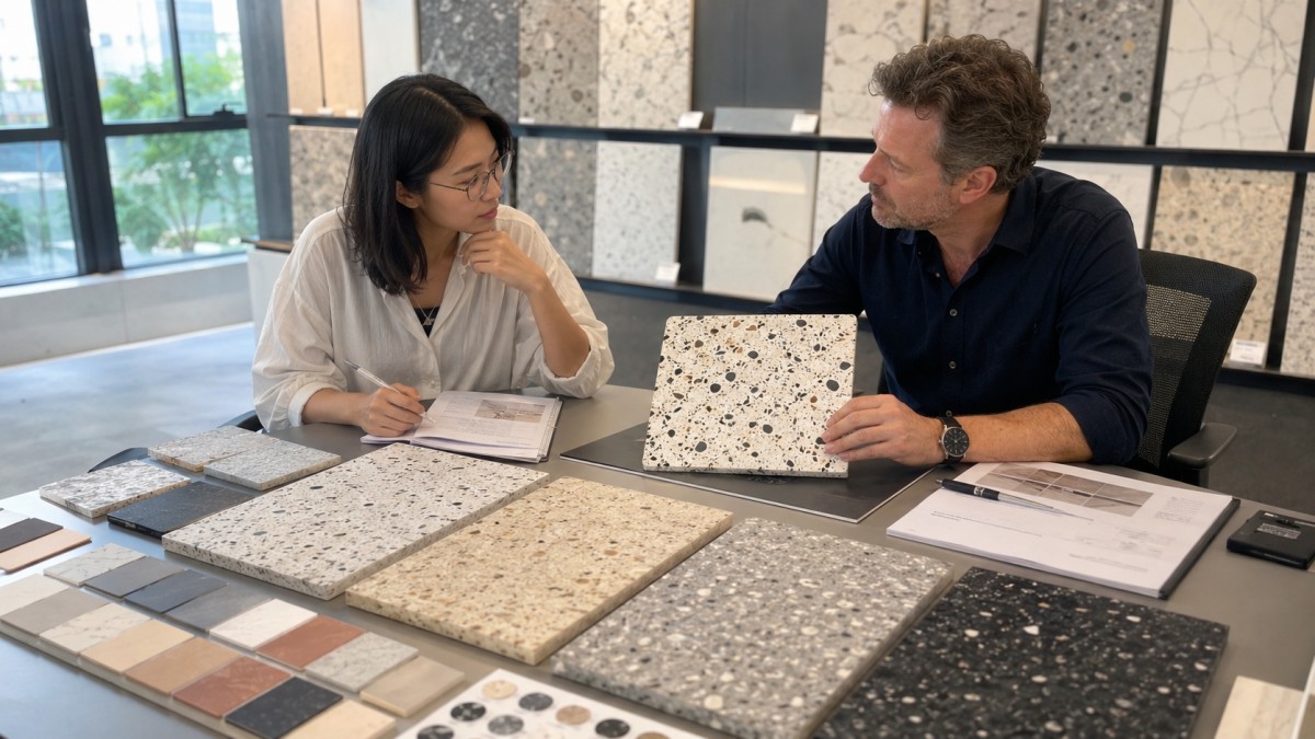 terrazzo-collection-importer-sample-board-review Terrazzo collection planning for importers with sample boards and color range review