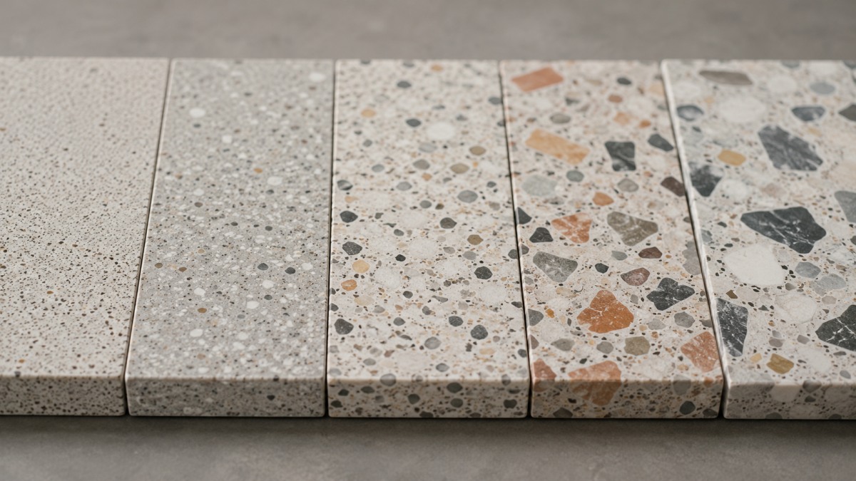 terrazzo-aggregate-size-chip-density-comparison Terrazzo aggregate size and chip density comparison for collection planning