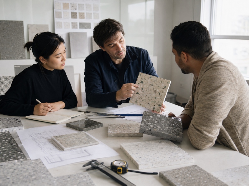 Terrazzo polido versus terrazzo acetinado: o que os compradores devem confirmar antes da aprovação.