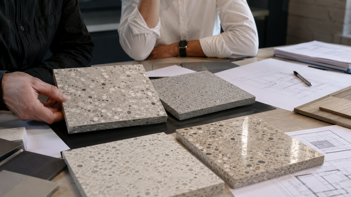 Honed and polished terrazzo flooring samples compared under project lighting