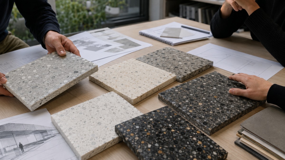 Terrazzo base color sample comparison before material approval