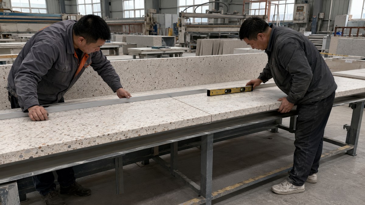 Terrazzo countertop edge profile seam and backsplash pieces dry fitted for alignment