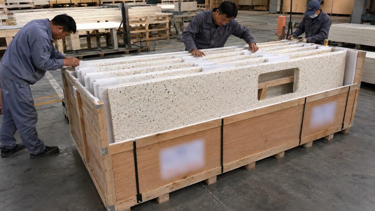 Custom terrazzo countertop pieces protected braced and packed for international shipment