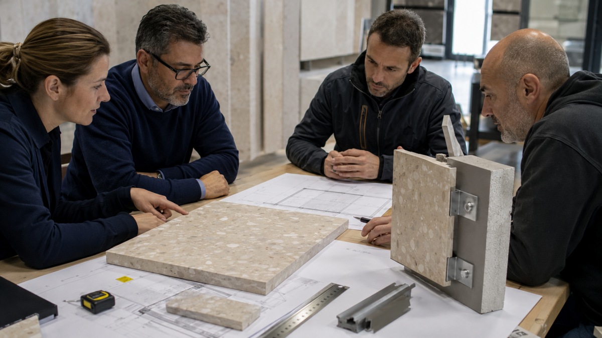 Project team reviewing terrazzo wall panel weight joints and fixing details before fabrication