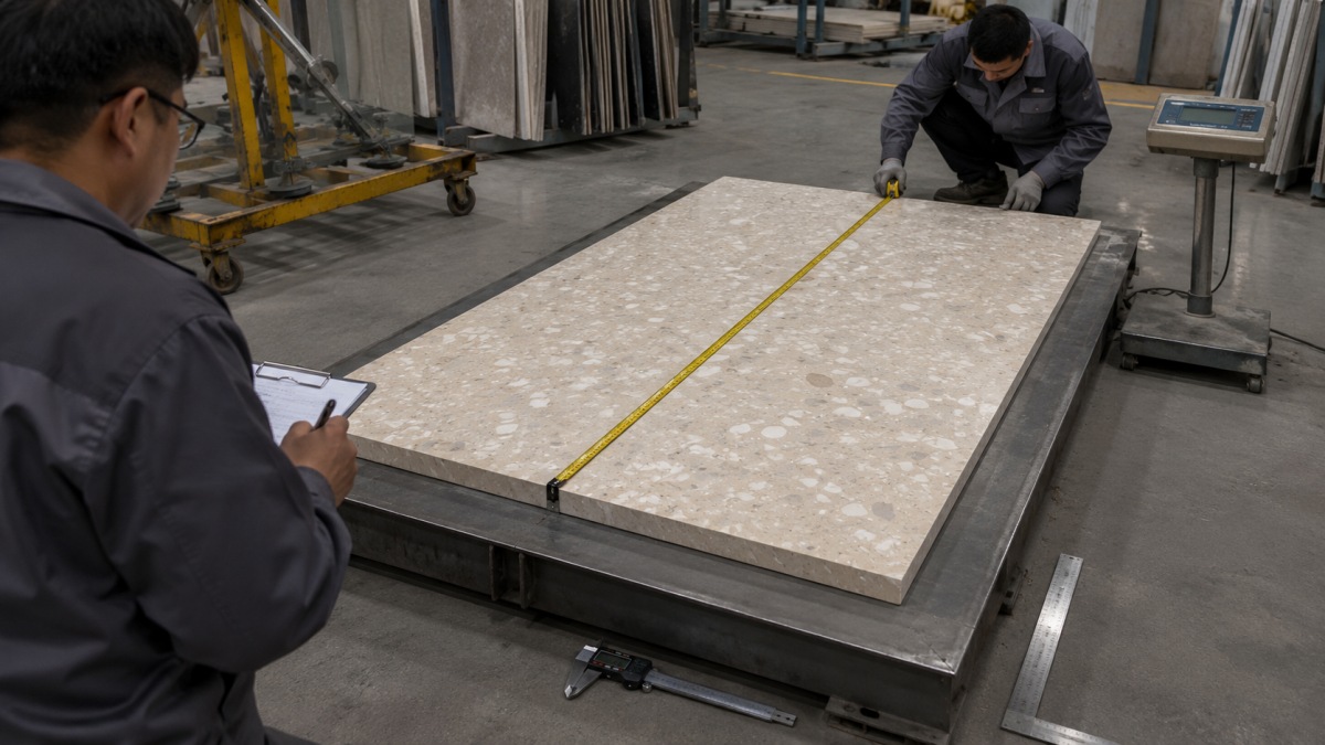Technician checking the weight and dimensions of a terrazzo wall panel before production approval
