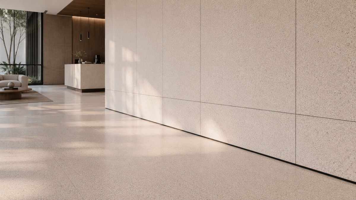 Comparison of terrazzo viewed at a floor angle and directly on a wall panel