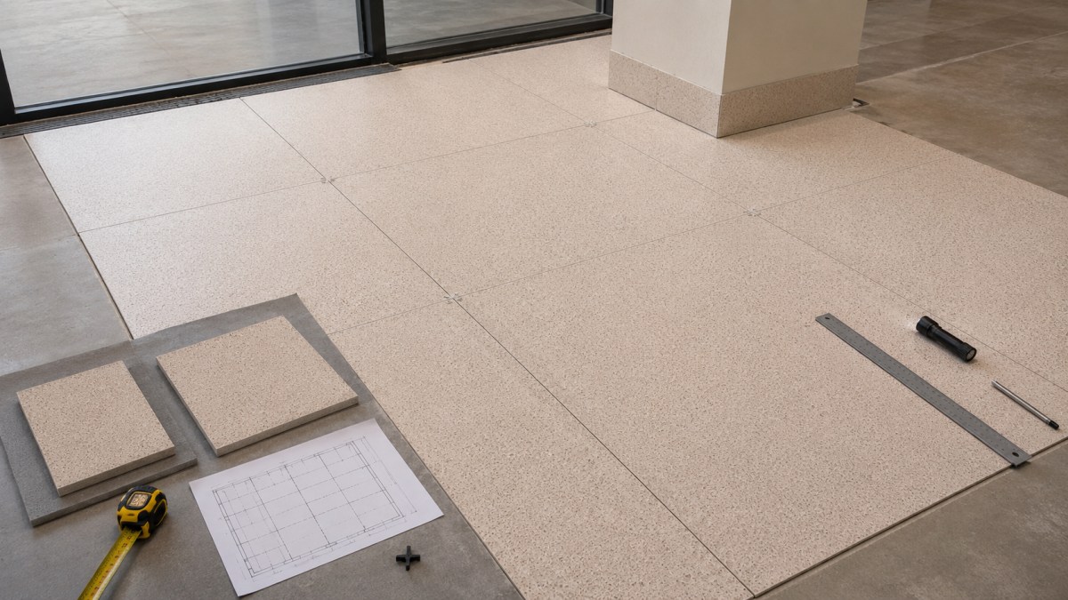 Commercial terrazzo flooring layout reviewed with tile joints and material samples