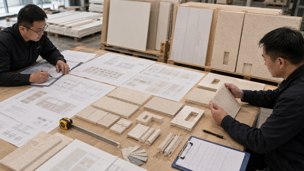 Terrazzo floor and wall drawings reviewed before cut-to-size fabrication