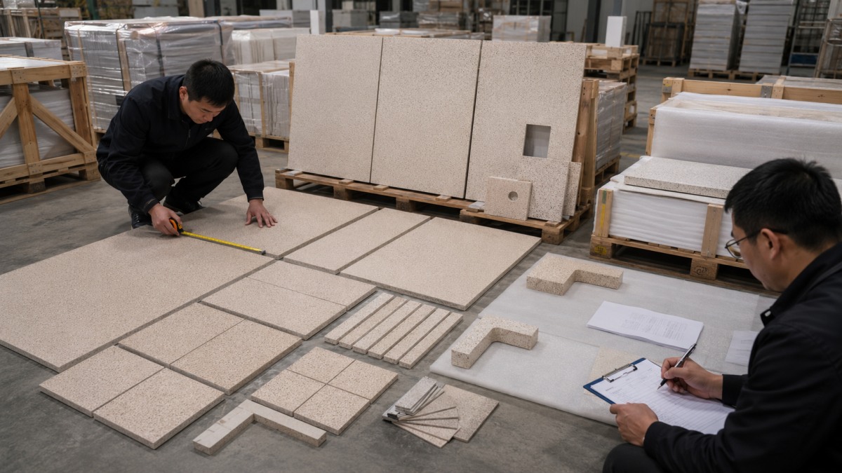 Approved terrazzo samples and organized floor and wall pieces prepared for project review