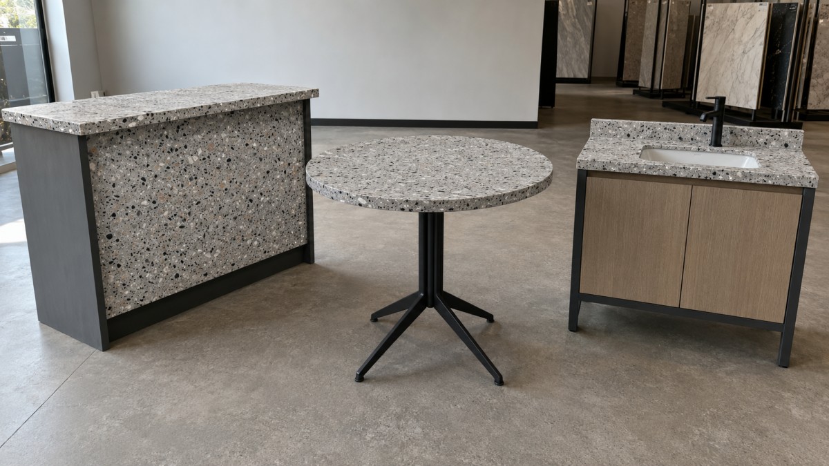 Terrazzo countertop, tabletop and vanity-top prototypes reviewed for a custom interior project
