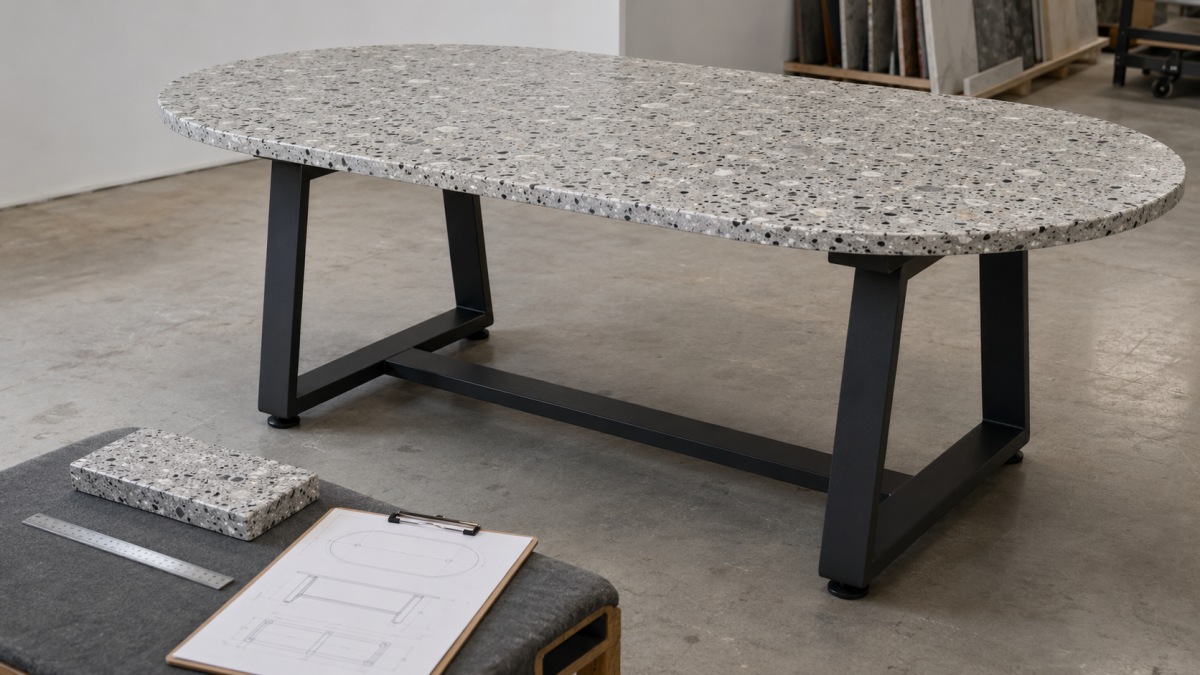 Custom terrazzo tabletop reviewed with its shape, edge profile and supporting table base