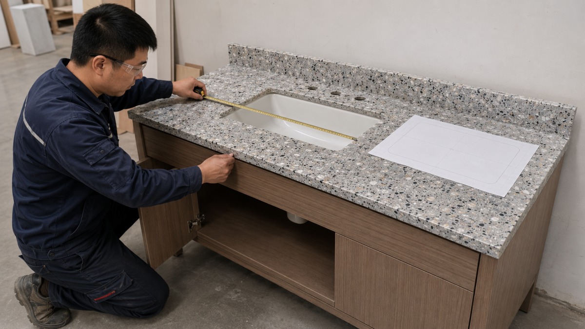 Terrazzo vanity top reviewed with basin cutout, faucet holes and backsplash details