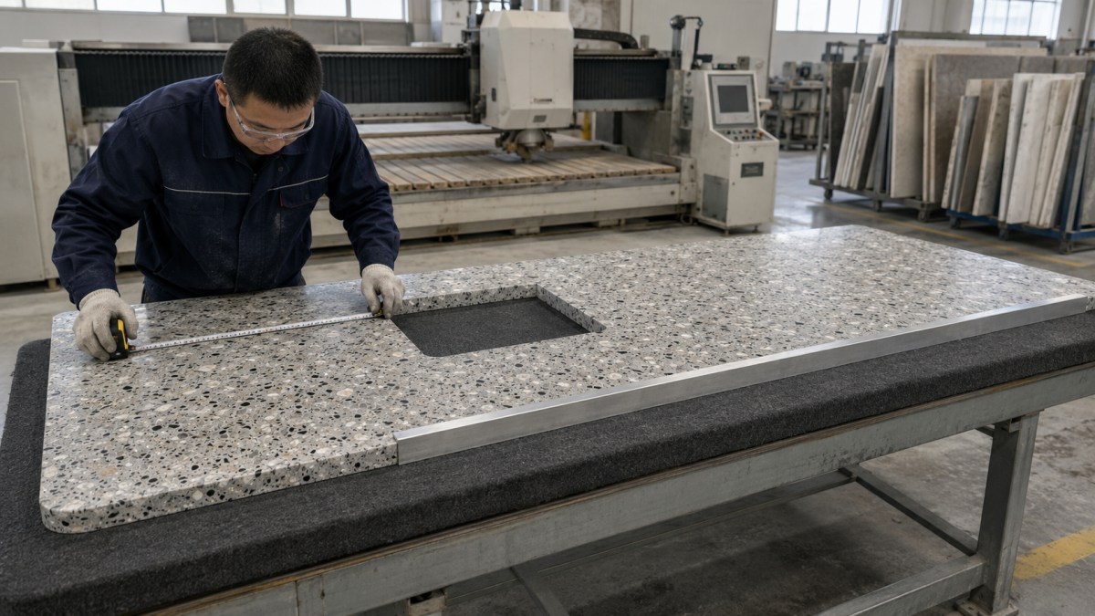 Cut-to-size terrazzo top inspected for dimensions, openings and finished edges