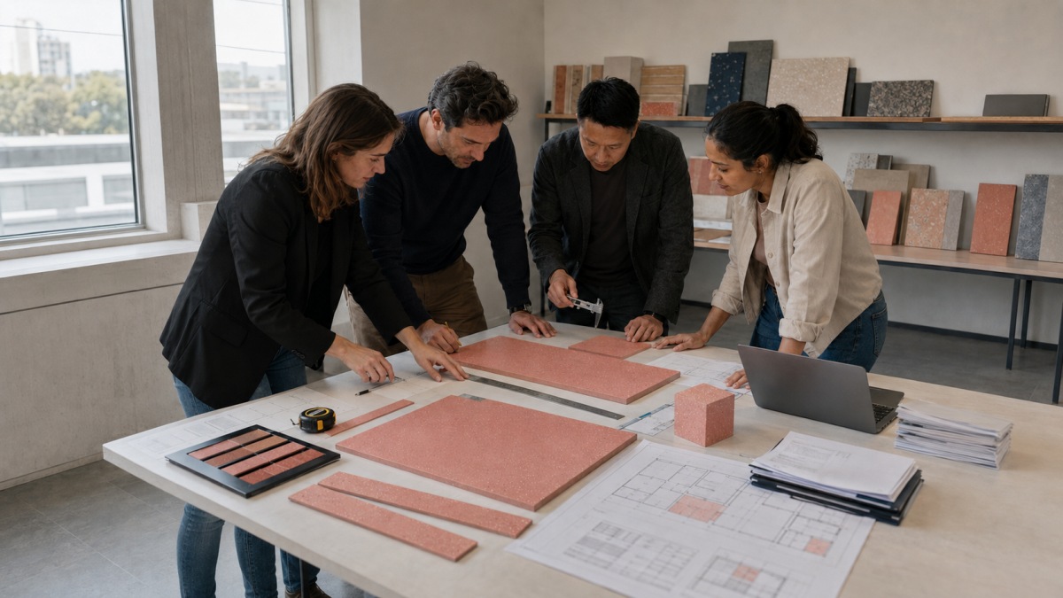 Project buyer supplier and technical team reviewing terrazzo production release documents