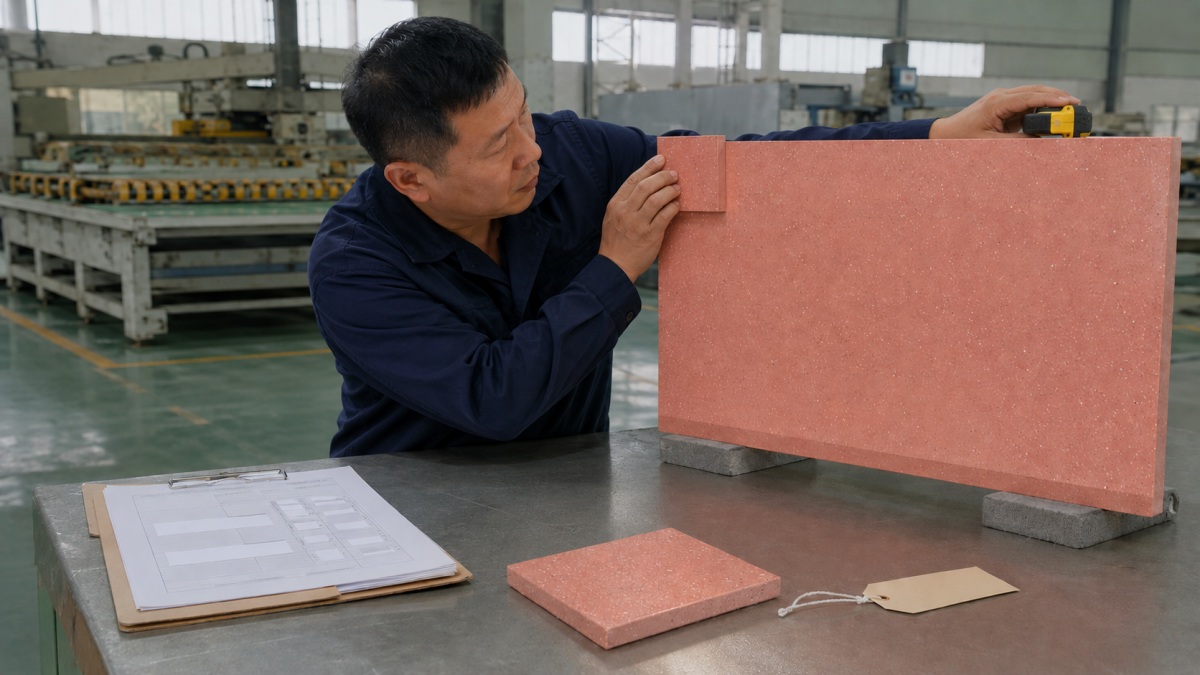 Technician matching an approved terrazzo sample with the current order documents