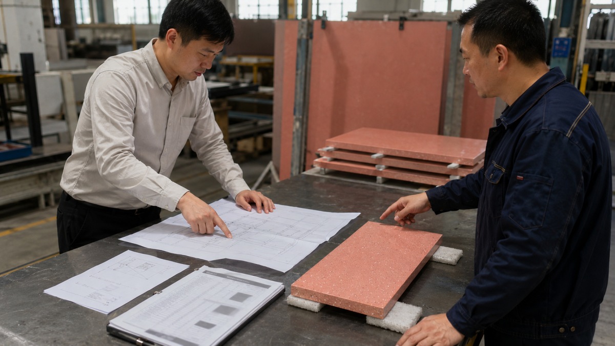 Project team reviewing a terrazzo drawing change after production release