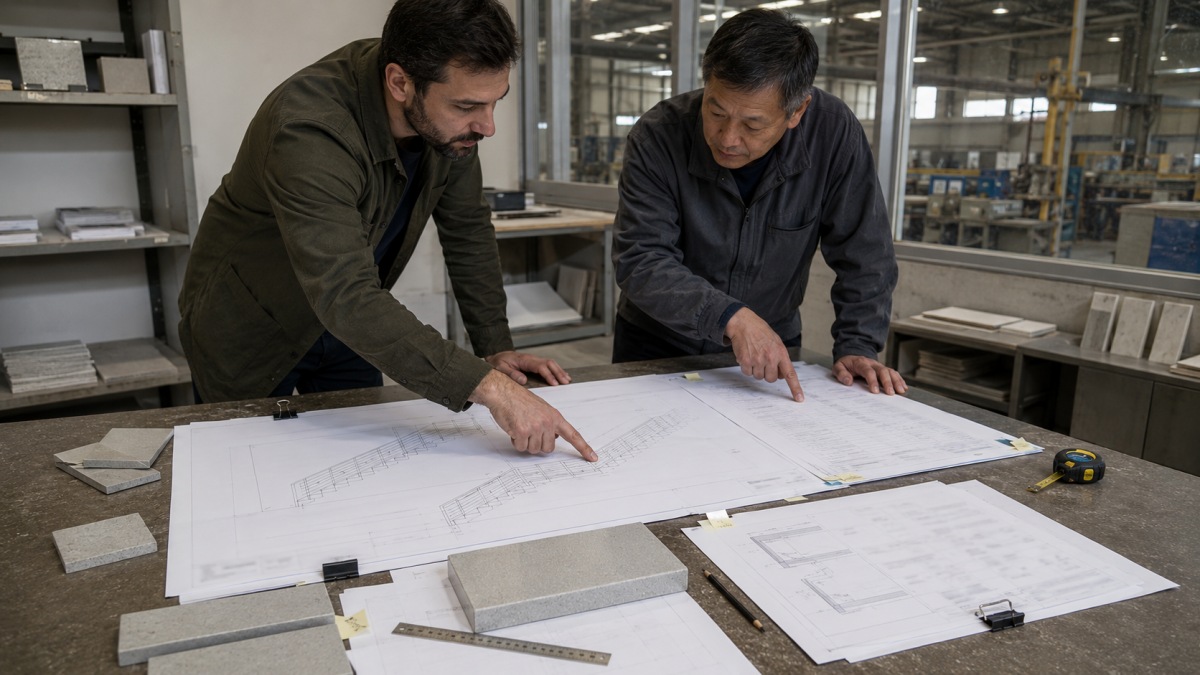 contractor-terrazzo-stair-drawing-schedule-review Contractor and factory technician reviewing terrazzo stair drawings and piece schedules