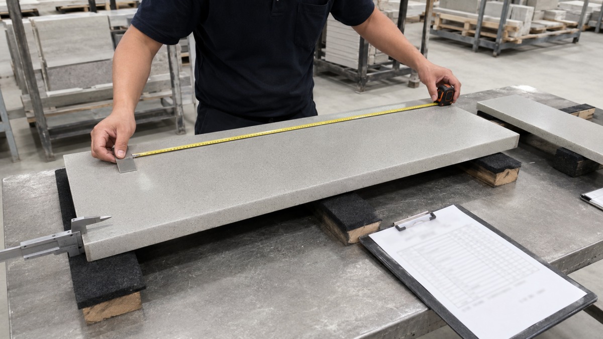 terrazzo-stair-piece-dimension-nosing-inspection Finished terrazzo stair piece inspected for dimensions, thickness, edge and nosing detail