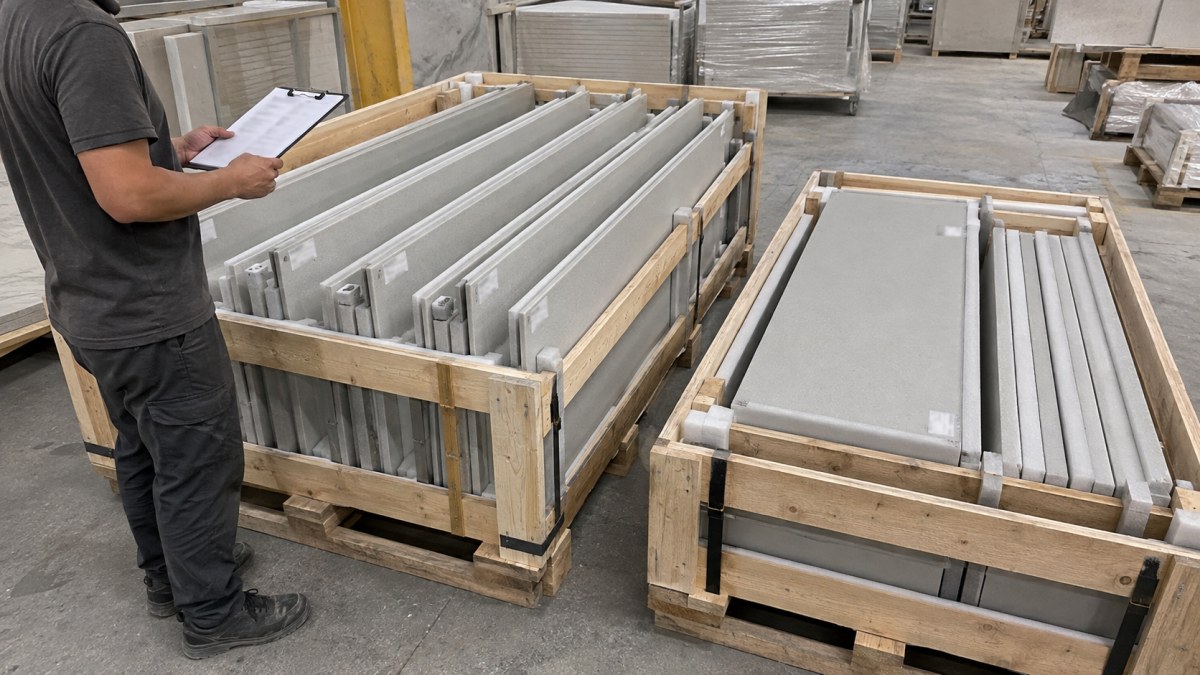 terrazzo-stair-components-sequence-export-packing Terrazzo stair components protected and packed by stair flight and installation sequence