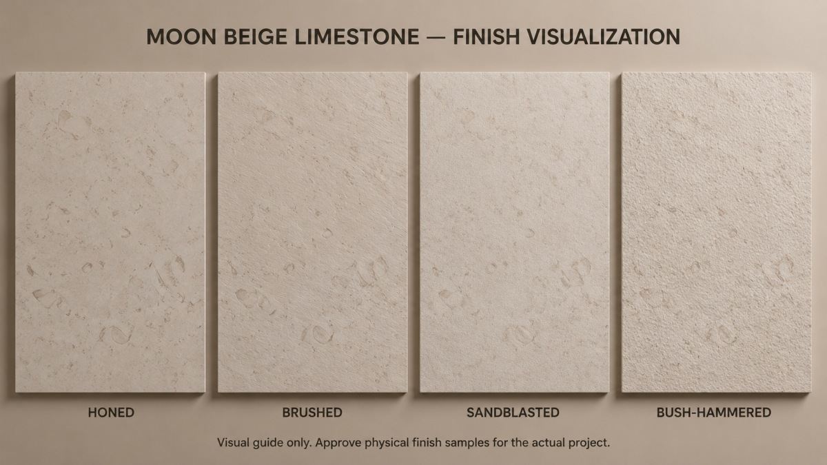 Honed and textured Moon Beige limestone finish samples under controlled light