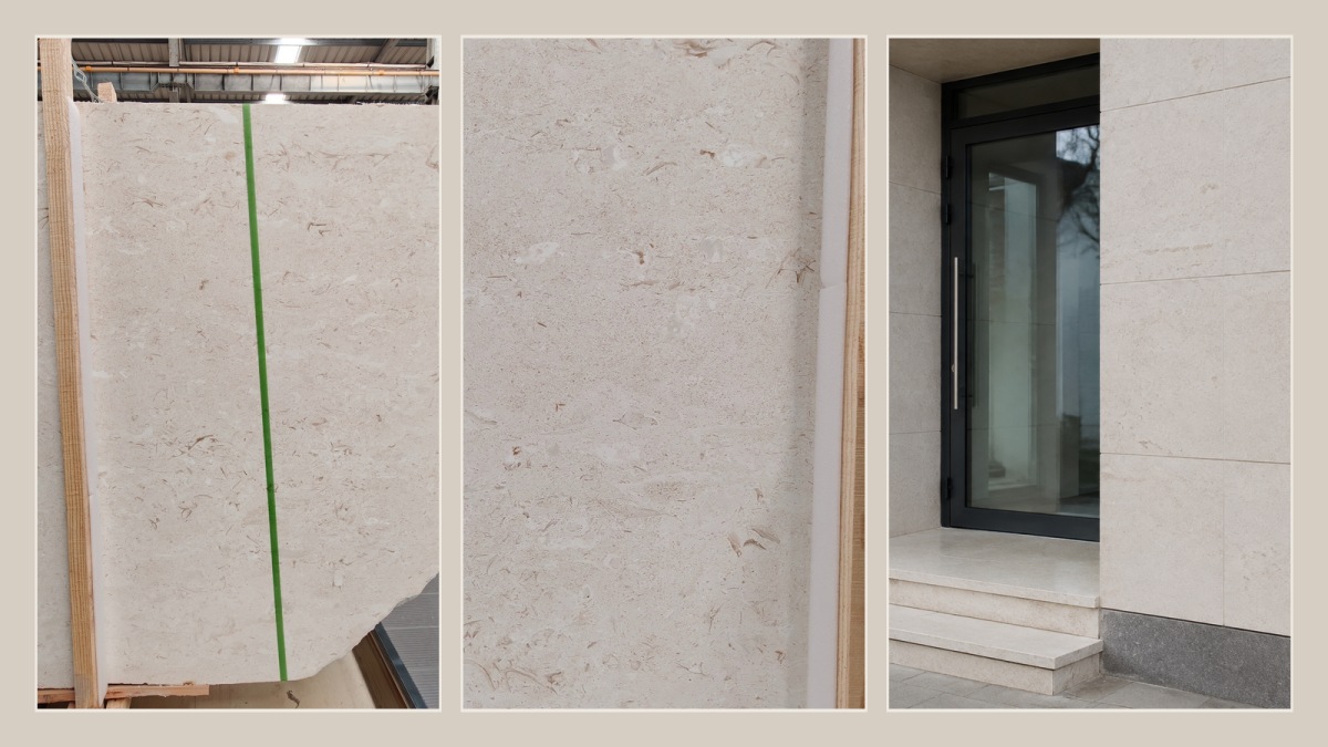 moonlight-beige-limestone-project-evidence-set Full panel, close texture and installed Moonlight Beige Limestone view reviewed together