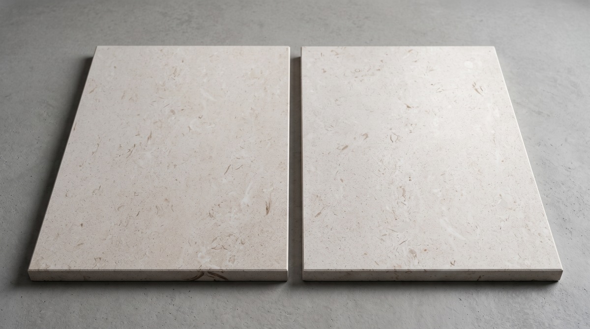 moonlight-beige-limestone-finish-scale-review Moonlight Beige Limestone finish samples photographed at consistent distance and neutral light