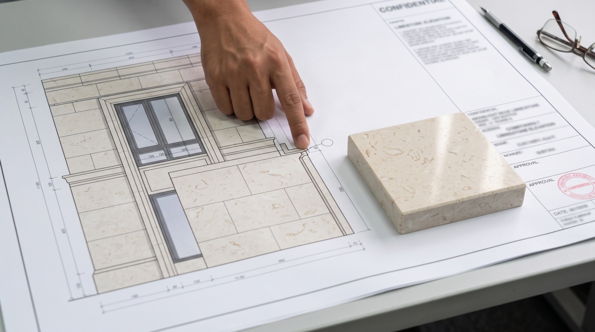 limestone-elevation-visible-face-review Blurred stone elevation drawing reviewed for visible faces, joints and profile transitions