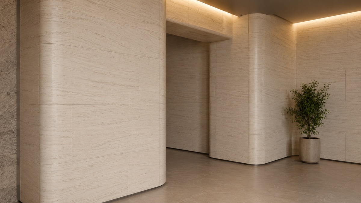 French Wood Grain Limestone panels forming a segmented curved interior wall with visible joints