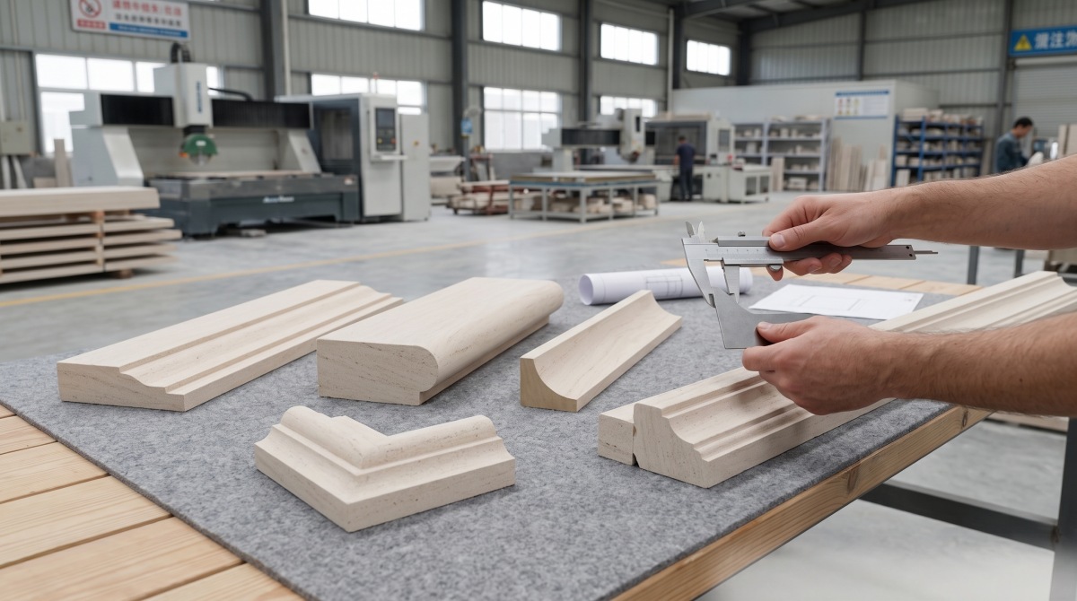 French Wood Grain Limestone molding components arranged for profile and joint inspection