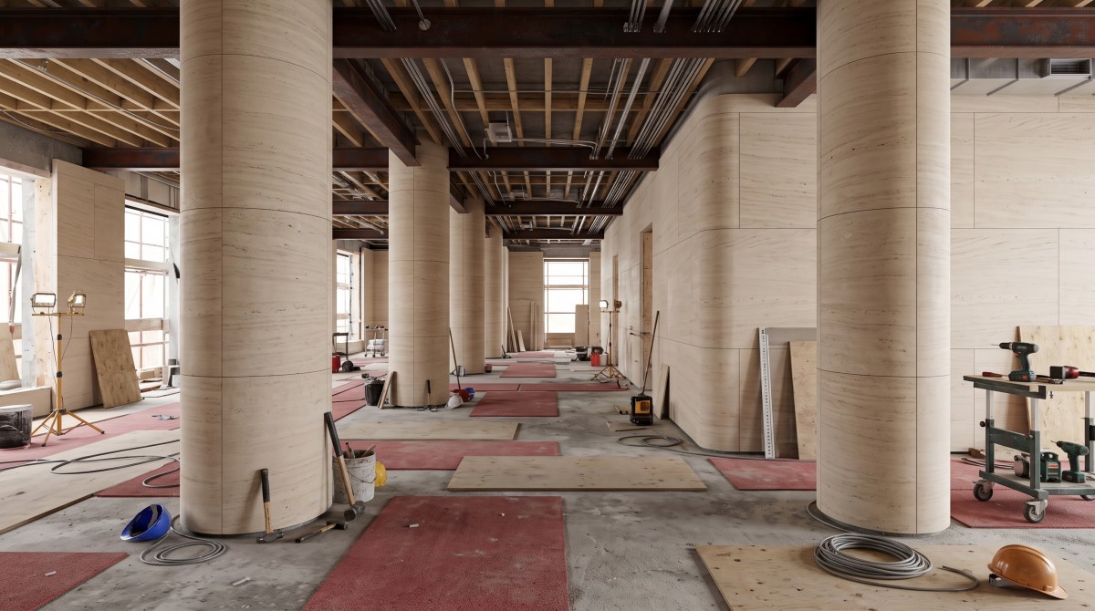 Rounded column and wall-return cladding formed from shaped wood grain limestone pieces