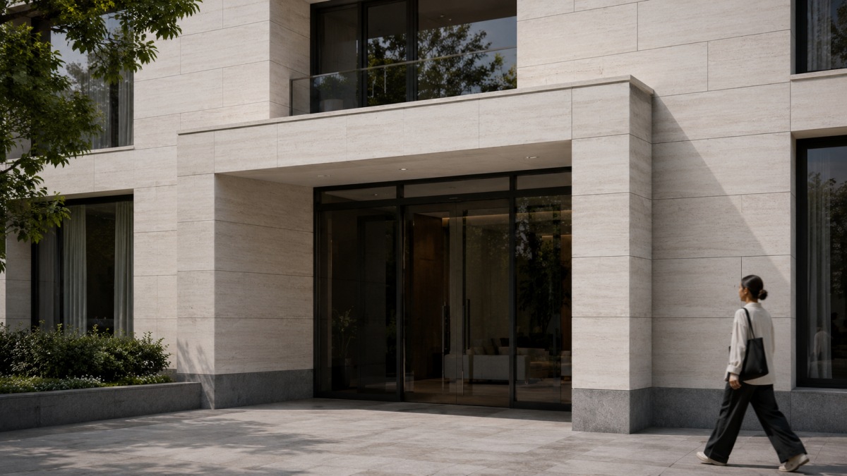 Concept visualization of a contemporary commercial entrance clad with French Wood Grain Limestone panels