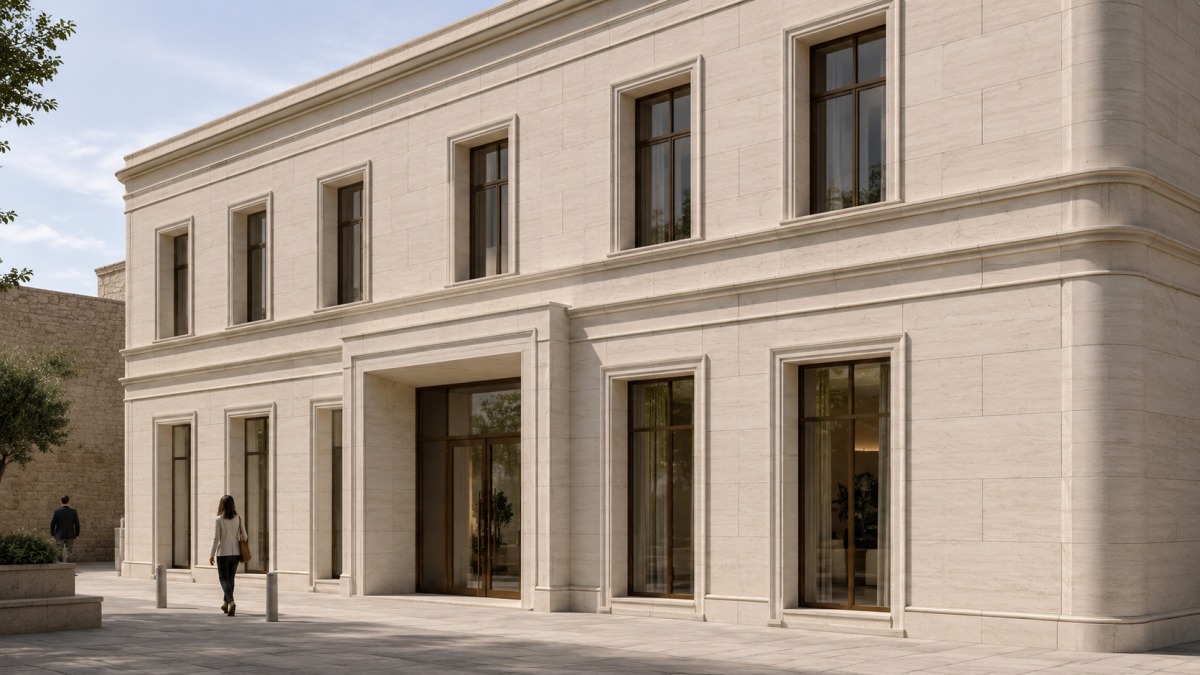 Concept visualization of French Wood Grain Limestone molded window surrounds, facade bands and cornice