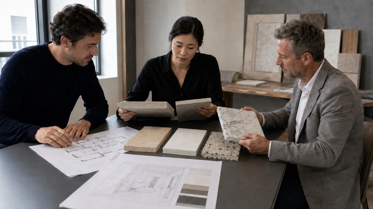 hotel-stone-material-selection-review Architect reviewing marble limestone quartz terrazzo and engineered stone samples for a hotel project