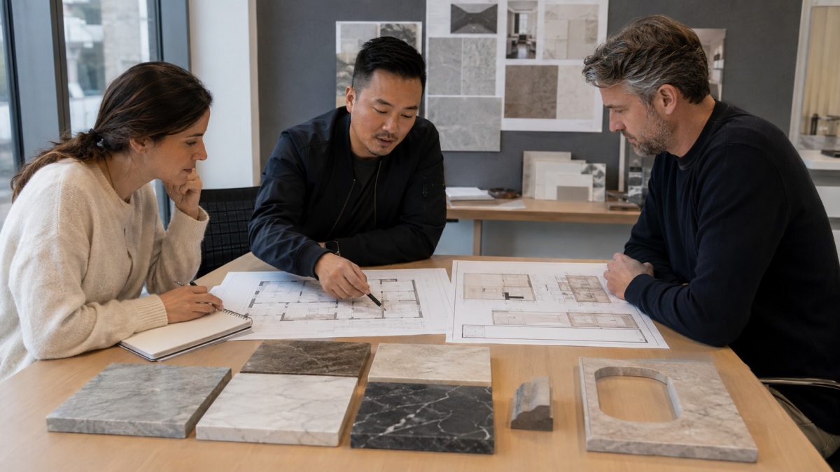 hotel-stone-project-drawing-review-meeting Hotel project stone drawings materials and fabrication requirements reviewed with a supplier