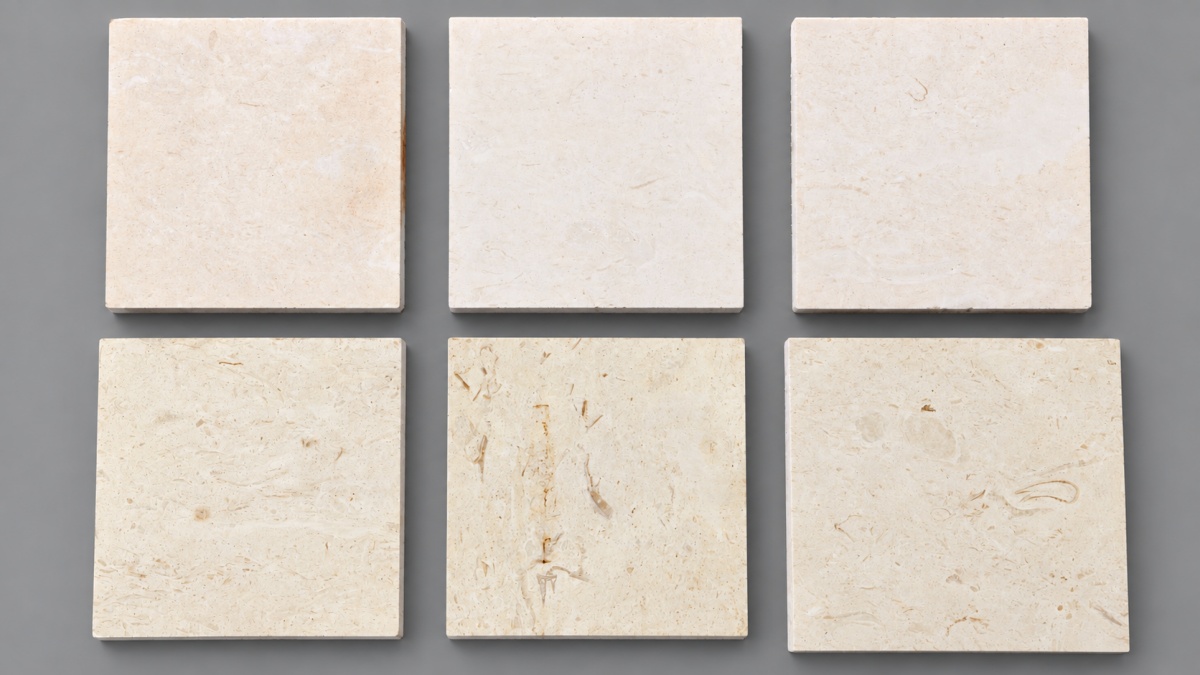 Representative limestone range set showing natural differences in background tone, fossil distribution and pores before production approval