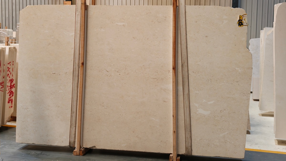Current Moonlight Beige Limestone full slabs reviewed for tone, fossil distribution and natural variation
