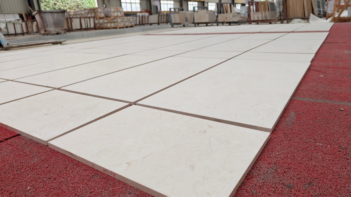 Limestone cut-to-size pieces dry laid, reviewed and numbered before export packing at Aoli Stone